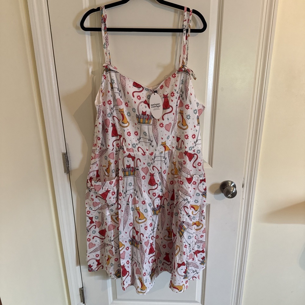 Unique Vintage Retro Cat Babydoll Tie Neck Dress Artsy Swing 3X 20 NWT - Picture 1 of 9